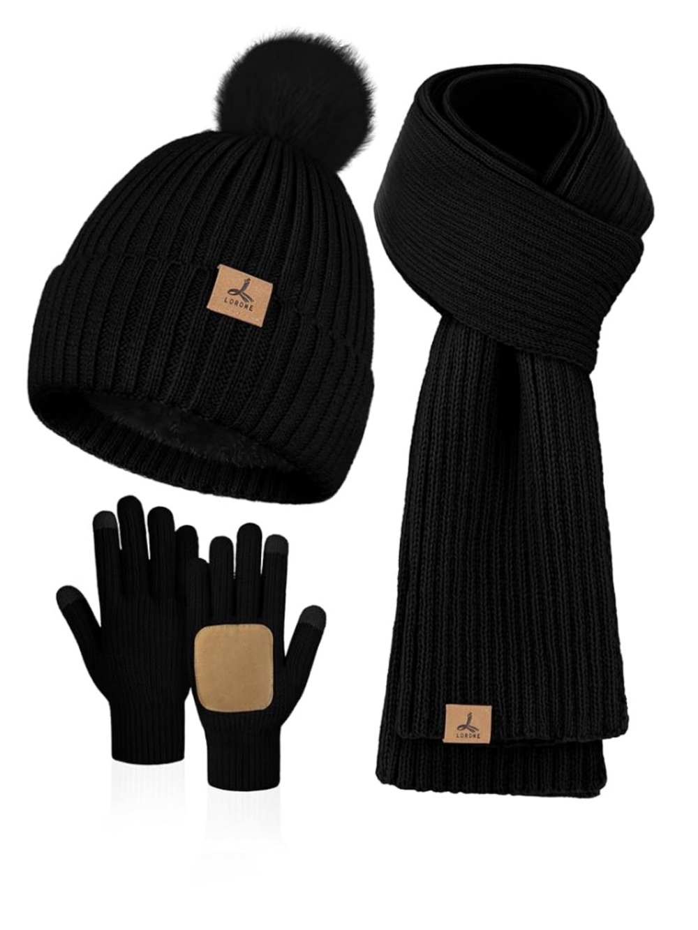LOROME Winter Beanie Hat, Scarf & Gloves Set – Pom Pom Knit – New in Packaging
